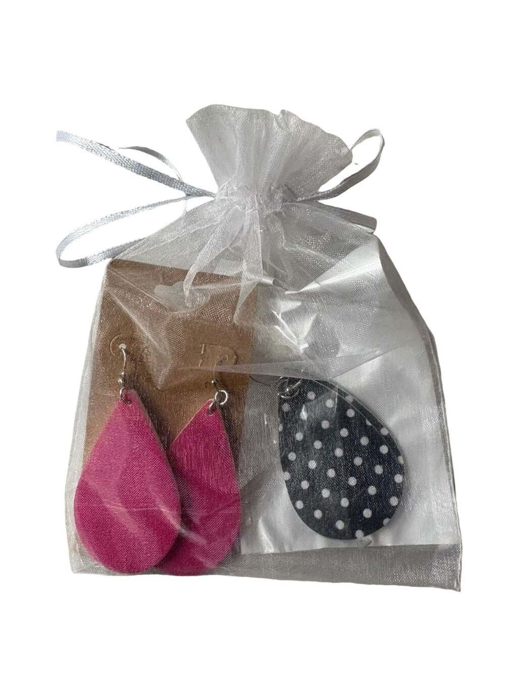 Set of 2 Faux Leather Teardrop Earrings Pink and Black Polka Dot